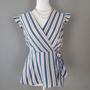 Monteau Anthro Flutter Top Blue and White Stripe. M. Cottage Whimsy Boho Normal